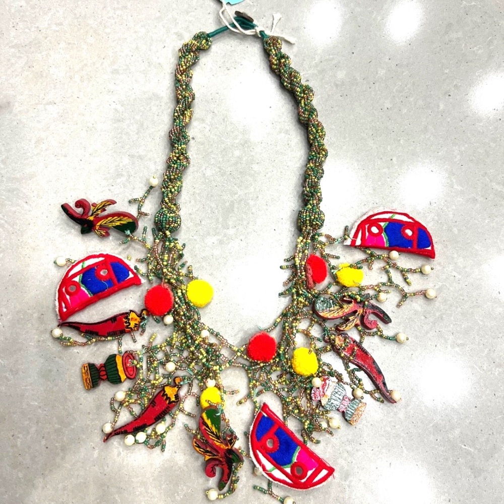 Antica Sartoria Vibrant Multicolor Beaded Necklace with Pom Pom & Wooden Accents